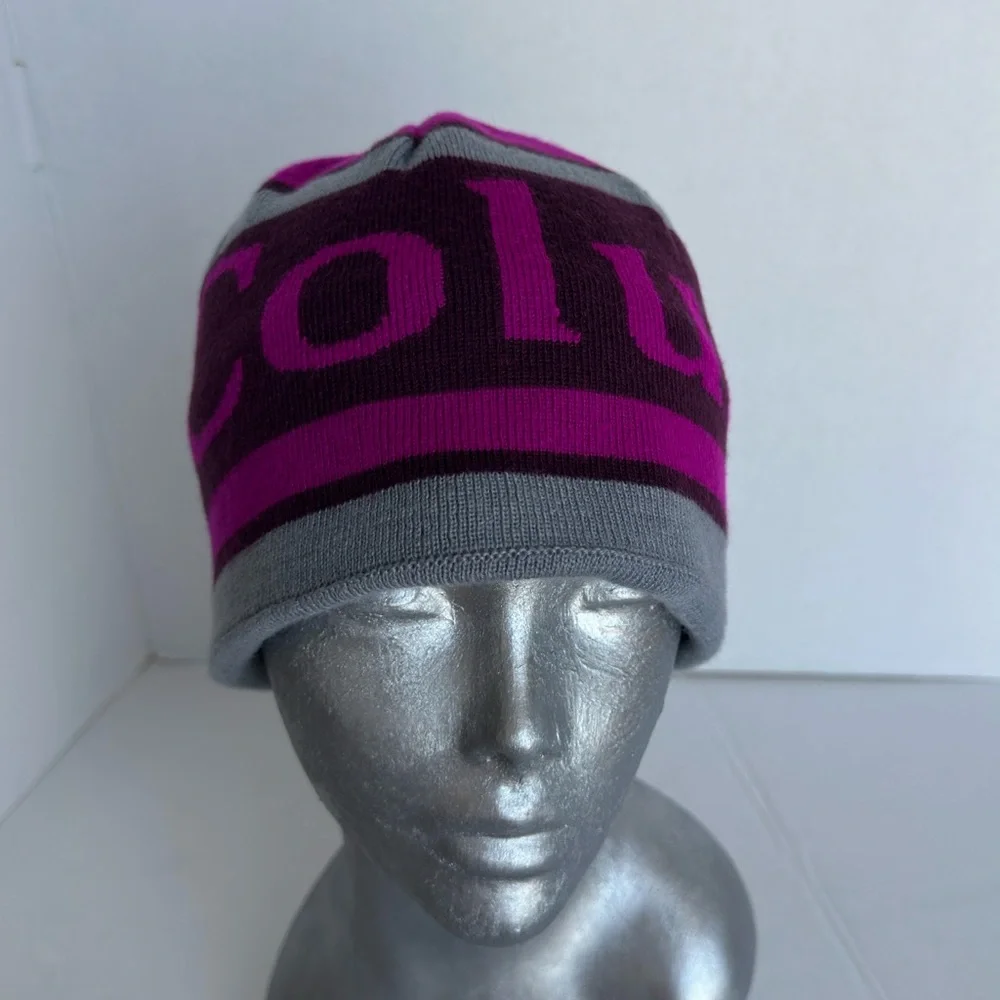 Columbia Omni Heat Lined Beanie Hat Purple Gray Stripe Winter Ski Hiking Cap